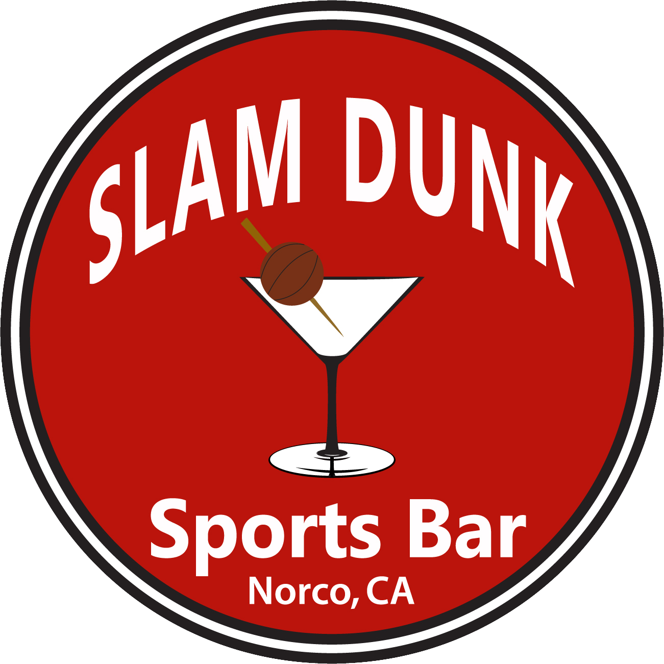 A red and white logo for slam dunk sports bar.